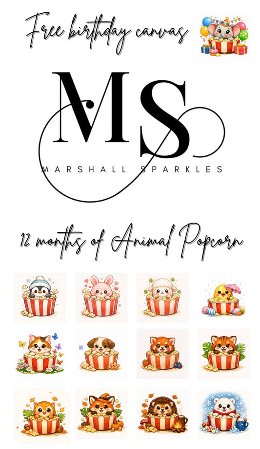 12 Months of Animal Popcorn © 30x30 (12 canvas + free birthday canvas)