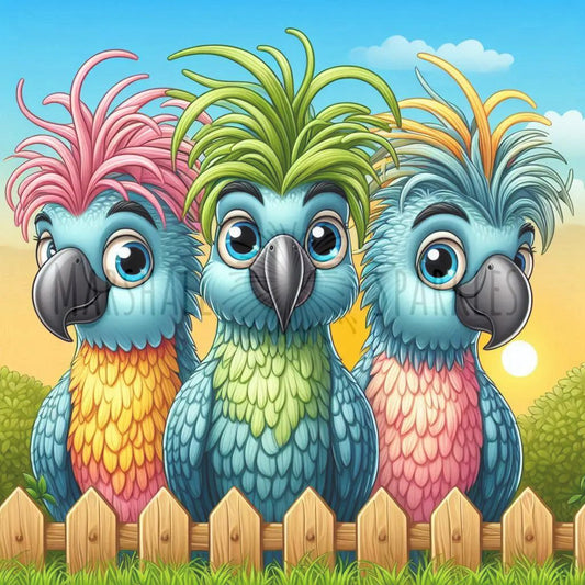 Over the Fence - Parrots © 40x40 (print to order)