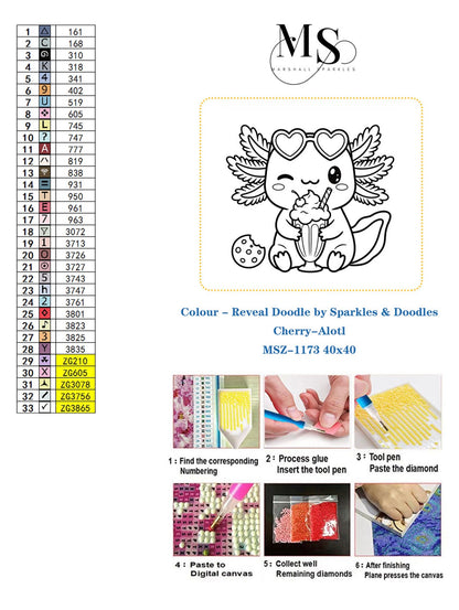 Colour Reveal Doodle™ - Cherry-Alotl 40x40 Square Drill only © (Hand Drawn) by Sparkles & Doodles