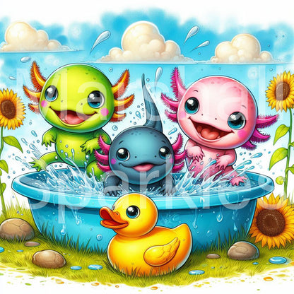Pool Party Axolotls © 40x40 (print to order)