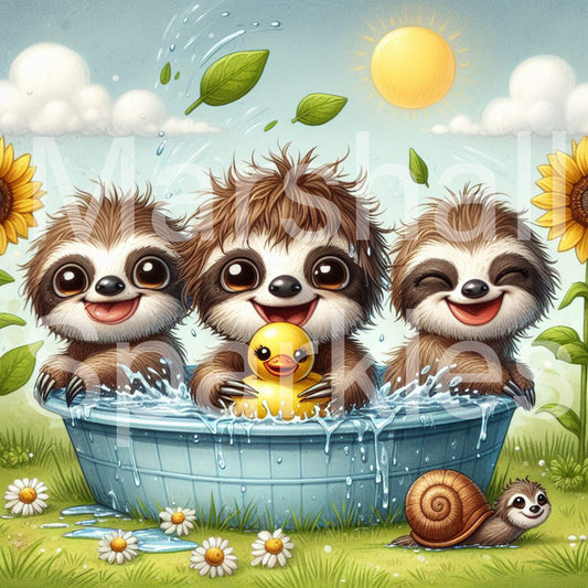 Pool Party Sloths ©  40x40  (print to order)